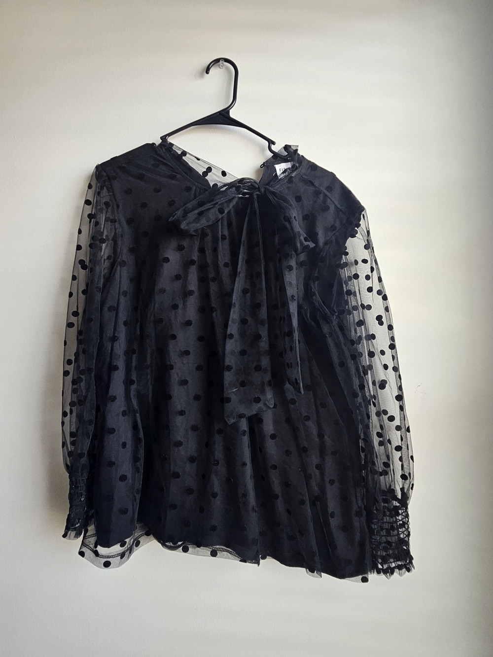 First Love Black Sheer Polka Dot Bow Blouse
